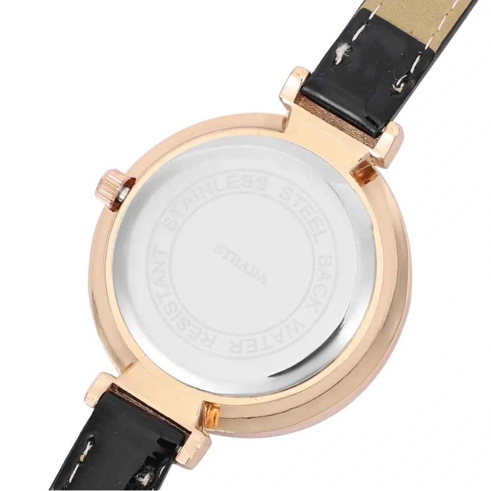 Austrian Crystal, Enameled Japanese Movement Watch. Black Faux Leather Band